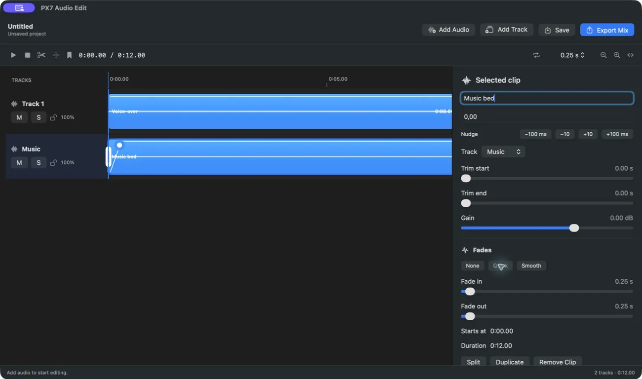 PX7 Audio Edit showing voice-over and music clips, waveforms, fades and export controls