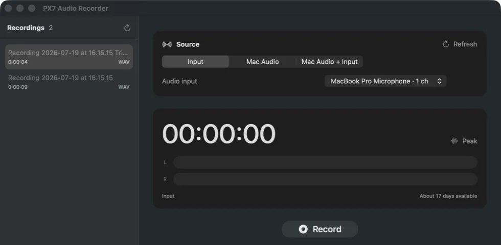 PX7 Audio Recorder showing Input, Mac Audio and Mac Audio plus Input source options with stereo peak meters